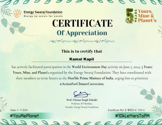 Energy Swaraj Foundation Felicitated Mrs Kamal Kapil